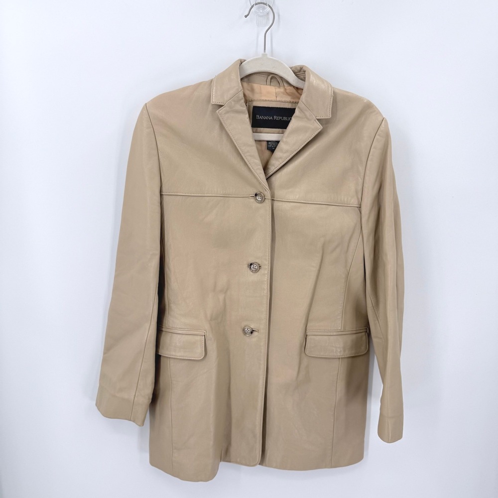 Vintage Y2k Banana Republic Beige Bone Genuine Leather 3-Button Blazer Jacket M